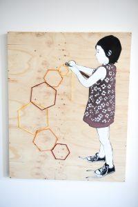 Be Free - Untitled. Aerosol and yarn on wood. 