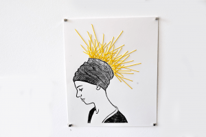 Suki - Untitled. 22cm x 27cm. Linocut print and yarn on archival paper. $100. For sales email info@offthekerb.com.au