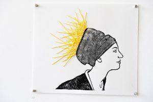 Suki - Untitled. 24cm x 21cm. Linocut print and yarn on archival paper. $100. For sales email info@offthekerb.com.au